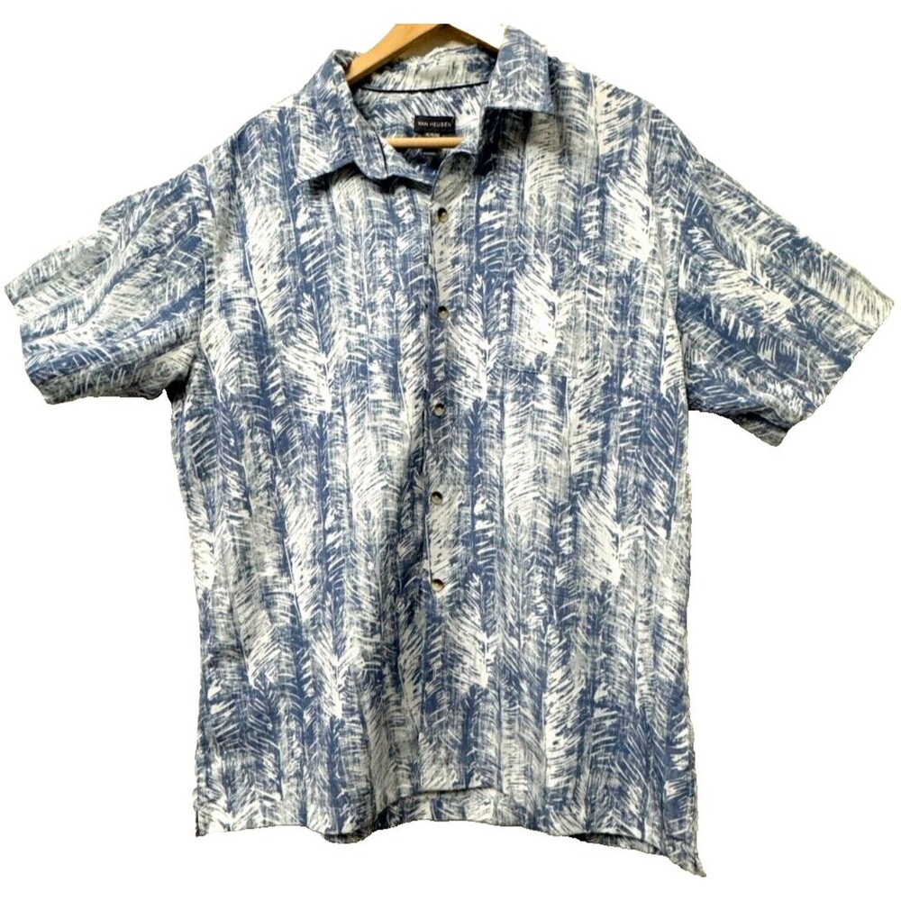 Van Heusen Blue & White Hawaiian Tropical Leaf Floral Button Shirt Men's Size XL